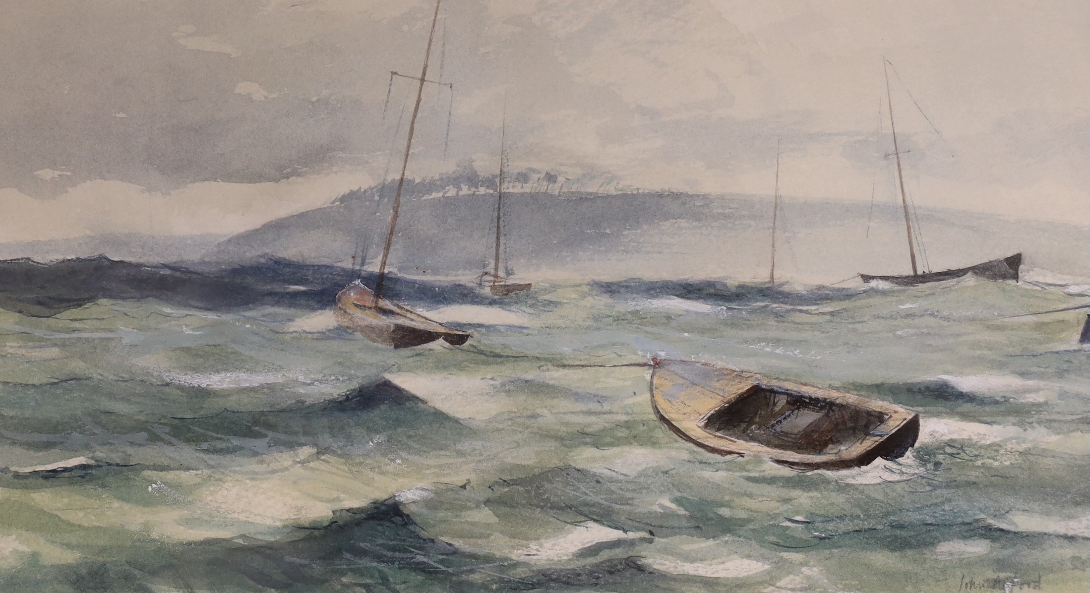 John Alford (b.1929), watercolour, Yacht moored in a rough sea, signed, 13 x 24cm